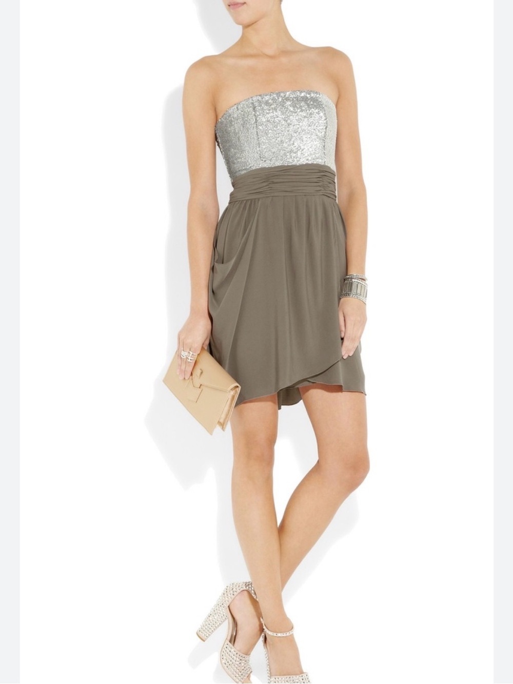 Alice+Olivia Strapless Silver Sequin Bodice Olive Strapless dress size XS